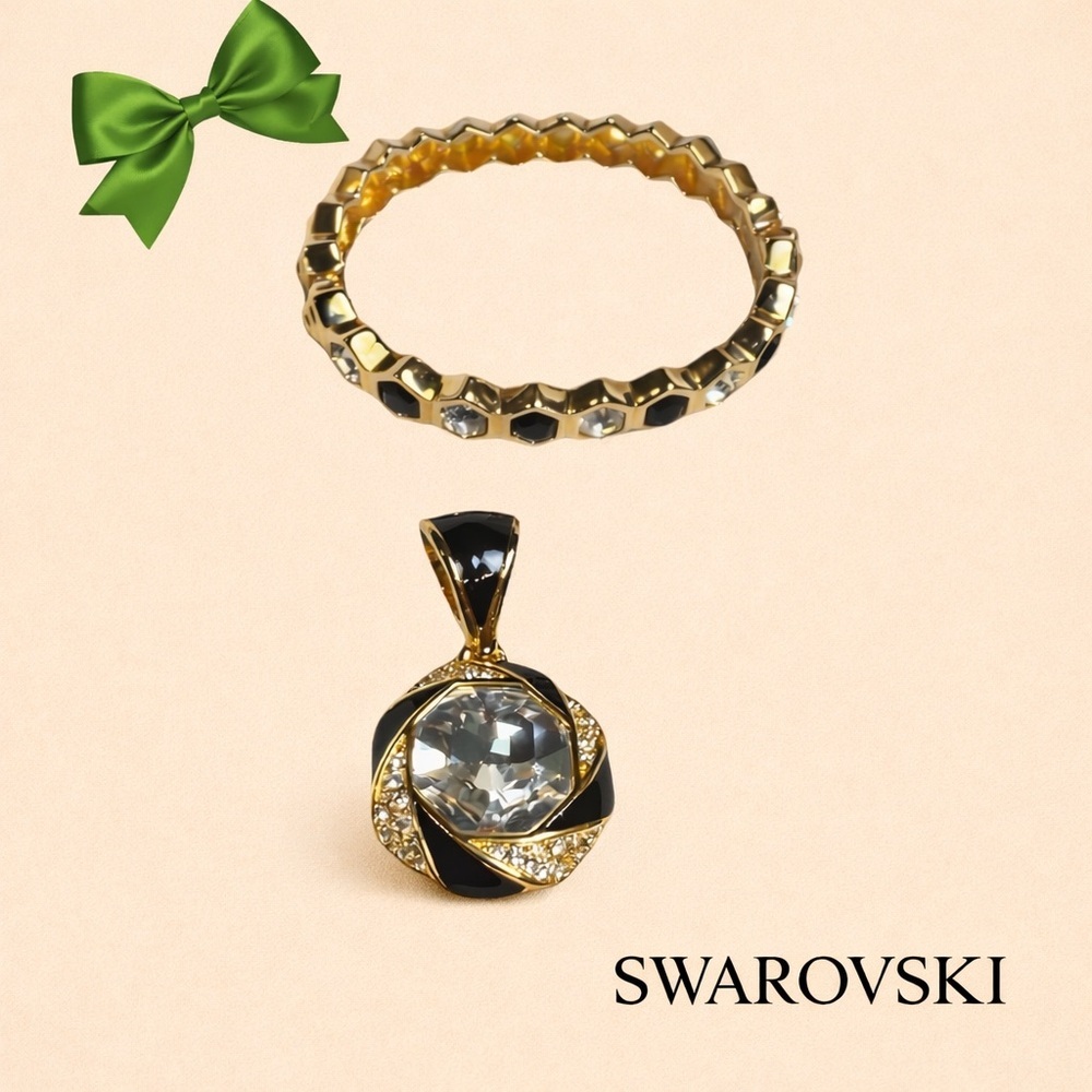 Swarovski Gold Crystal Pendant & Hinged Hexagon Bracelet Set